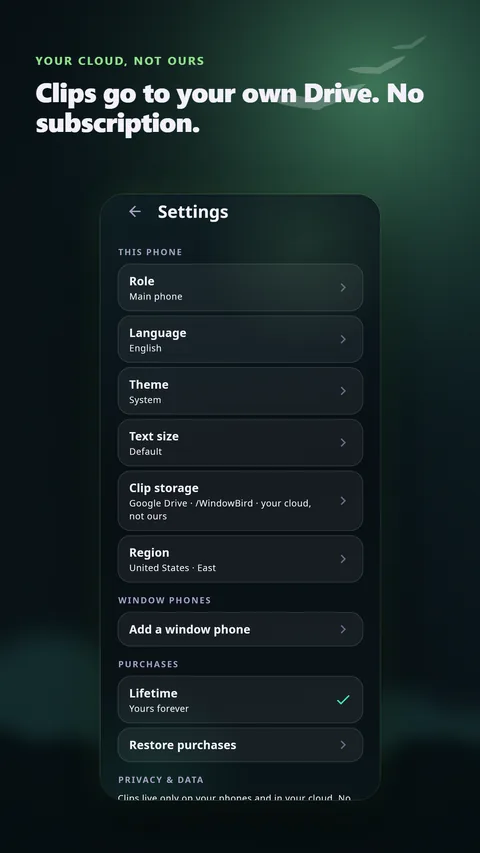 Settings: clips go to your own Drive, no subscription