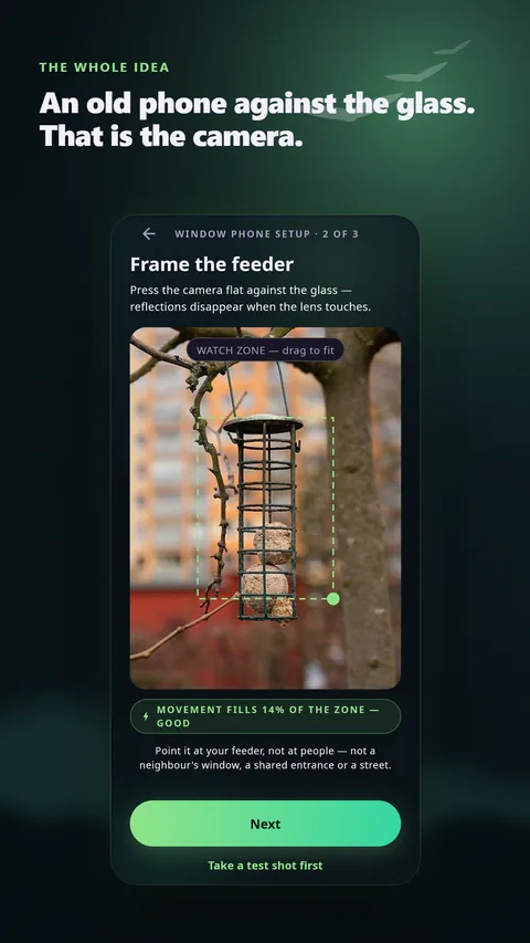 Window phone setup: an old phone against the glass is the camera